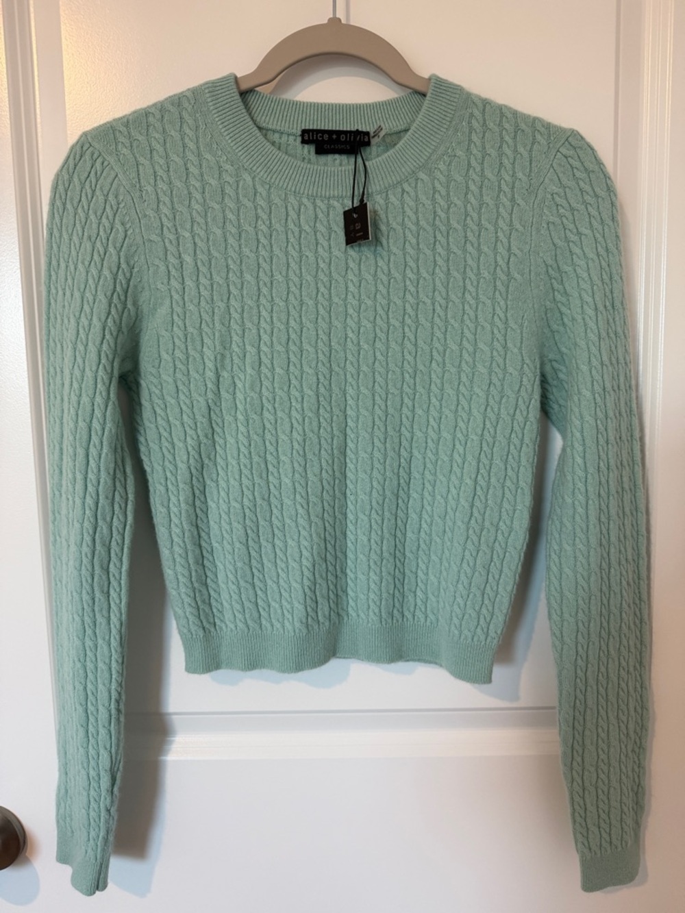 Alice + Olivia Pastel Mint Cable Knit Crewneck Sweater